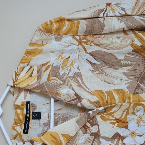 100% Linen Size 8 Company Ellen Tracy Hawaiian Shirt Button Up Top Yellow - Picture 7 of 14